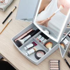 3-In-1 Folding LED Mirror with Make-up Organiser Panomir - InnovaGoods Maroc - Aylal Beauty