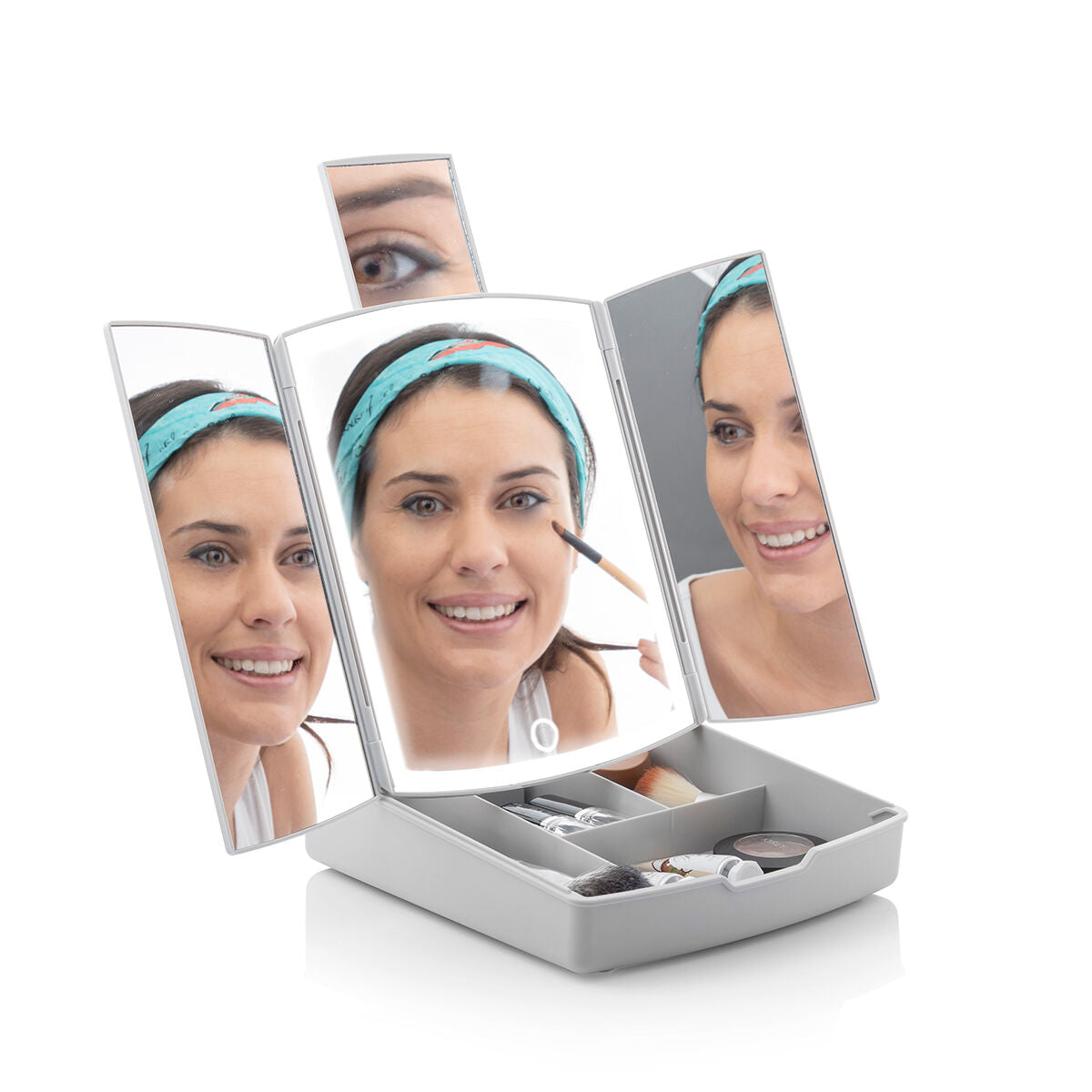 3-In-1 Folding LED Mirror with Make-up Organiser Panomir - InnovaGoods Maroc - Aylal Beauty 3-In-1 Folding LED Mirror with Make-up Organiser Panomir - InnovaGoods Maroc - Aylal Beauty