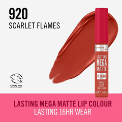 Liquid lipstick Lasting Mega Matte Nº 920 Scarlet Flames 7,4 ml - Rimmel London Maroc - Aylal Beauty