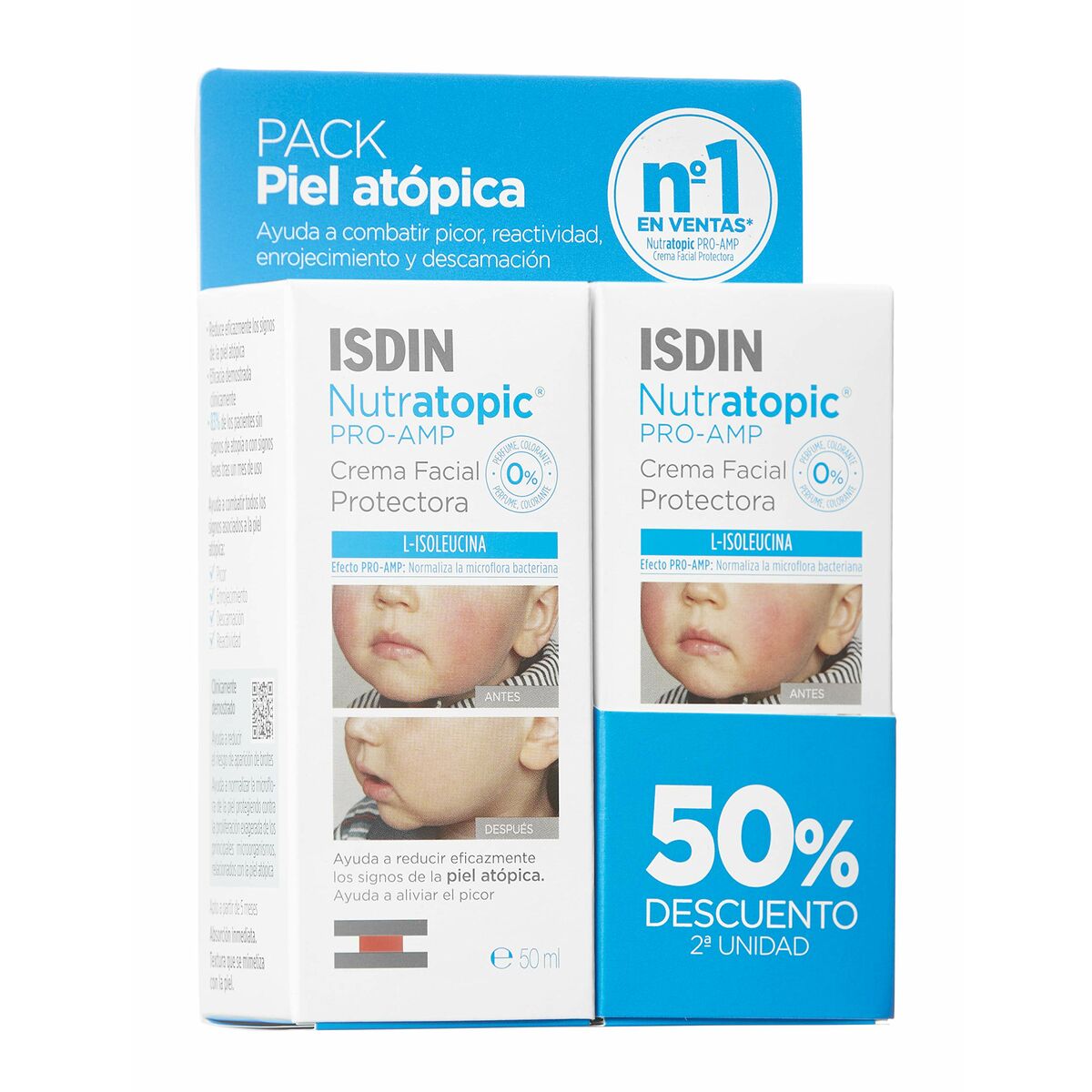 Facial Cream Nutratopic Pro-AMP Dermo-protective Atopic skin Kids 2 x 50 ml - Isdin Maroc - Aylal Beauty