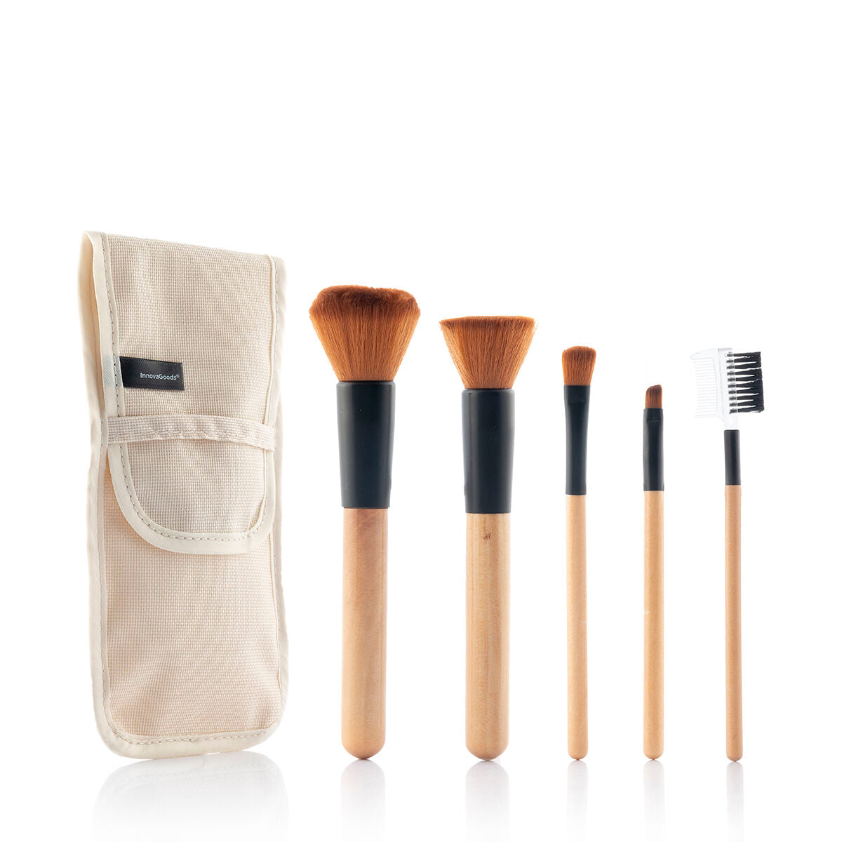 Set of Wooden Make-up Brushes with Carry Case Miset 5 Units - InnovaGoods Maroc - Aylal Beauty